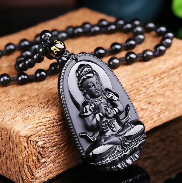 Black Obsidian Carved Buddha Pendant Necklace. 36