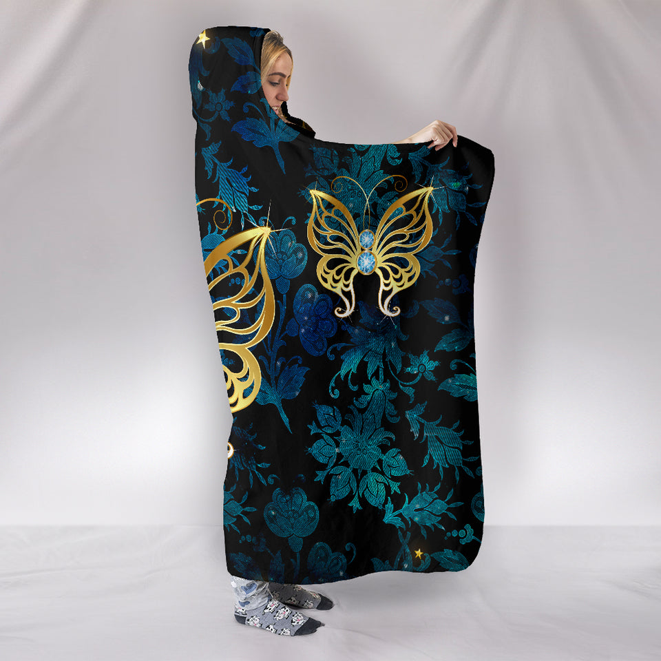 Butterfly on Blue Damask Hooded Blanket